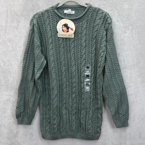 NWT Cherokee Sweater Womens M Green Cable Knit Pullover Roll Crew Neck VTG USA - Picture 2 of 8